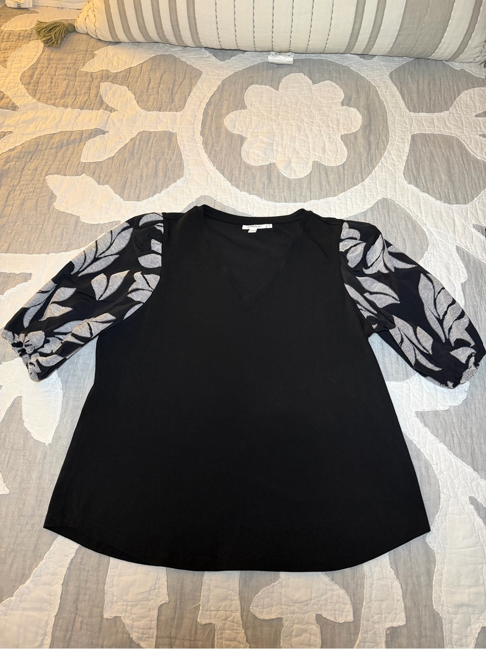 Chico's Black Knit Top with Sheer Leaf-Pattern Puff Sleeves